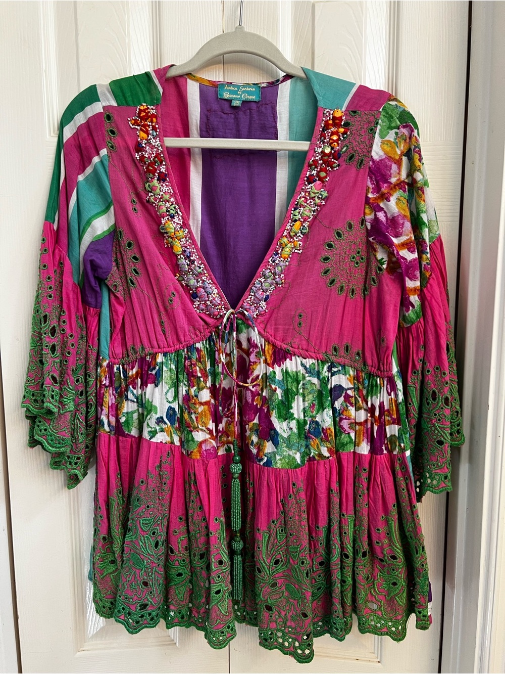 Boho Embroidered V-Neck Tunic in Fuchsia and Green